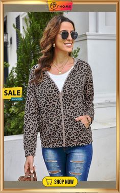 Leopard Print Zipper Hooded Coat with Pocket Casual Hooded Outerwear With Zipper Closure, Fall Hoodie With Zipper For Outdoor, Fall Outdoor Hoodie With Zipper Closure, Fall Outdoor Hoodie With Zipper, Casual Hoodie With Zipper For Fall, Casual Hoodie With Zipper Closure For Fall, Fall Hooded Jacket With Zipper, Fall Hooded Jacket With Zipper Closure, Spring Hoodie With Zipper Closure