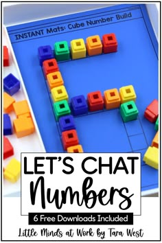 a blue tray with colorful legos and the words let's chat numbers on it