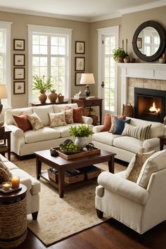 a living room filled with furniture and a fire place in the middle of the room