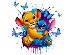 the lion and the mouse are hugging in front of some paint splattered butterflies