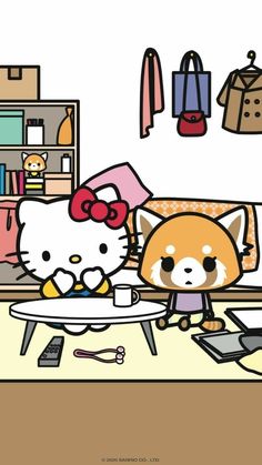 an image of hello kitty and her cat friend in the living room with other items on the floor