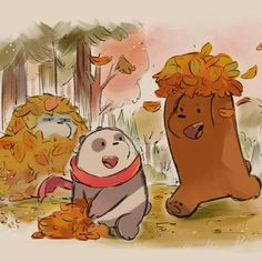 two cartoon animals standing next to each other in the woods with leaves on their heads