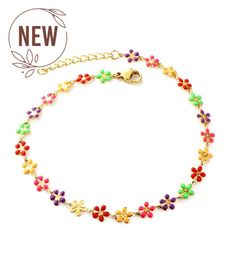 Gold Plated Stainless Steel colorful daisy Anklet Trendy Multicolor Anklets For Spring, Spring Flower Anklets, Flower Shaped Anklets For Spring Gift, Trendy Anklets For Spring Season Gift, Flower Anklets For Spring, Perfect As A Gift, Trendy Spring Anklets Perfect For Gifts, Trendy Spring Gift Anklet, Adjustable Multicolor Anklets For Spring, Spring Adjustable Multicolor Anklets