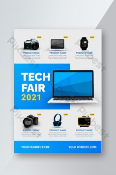 a brochure for tech fair is displayed on a white background with blue accents