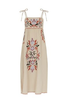 Crafted from mid-weight cotton, our Furla embroidered midi dress is beach ready with floral embroidery. Tie straps at the shoulder and smocked panel at the back. Lovely for day or evening. Crafted in 100% cotton  Made in India  Machine Wash Casual Midi Dresses, Clothing Embroidery, Boho Womens Clothing, Contemporary Clothes, Kimono Blouse, Embroidered Midi Dress, Cotton Midi Dress, Jacquard Dress, Beach Ready