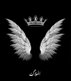 two white angel wings with a tiara on their head and the words in arabic