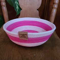 Pink and white rope bowl with brown tag reading Laughing Girl Design on a wooden chair Rope Bowls, Cotton Rope, Stay Organized, Small Batches, Staying Organized, Design Crafts, Pink And White, Declutter, Customized Gifts