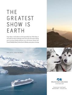 an advertisement for the princess cruises shows two dogs and a cruise ship in the background