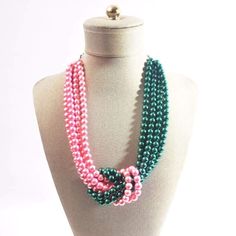 Pink and Green Twist Beaded Pearls Necklace - FashionByTeresa Green Beaded Pearl Necklace For Party, Green Pearl Necklace With Round Beads For Party, Sorority Colors, Twist Beads, Aka Sorority, Pink Pearl Necklace, Pearl Jewelry Necklace, Pearls Necklace, Green And Pink