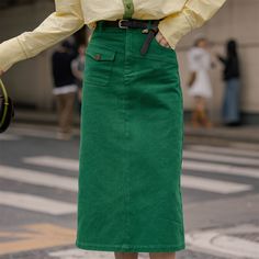 Purchase with blouse>>   High Waist Green Straight Skirt  Material: 70% Cotton+30% Polyester   Style: Retro, Workwear  Size: S, M, L, XL Color: Green  Occasion: Leisure, Outdoor, Daily, Vacation Colorful Workwear, Wool Skirt Outfit, Green Clothes, Blue Denim Skirt, Green Outfit, Wool Skirt, Skirt Outfit, Pink Skirt, Straight Skirt