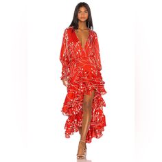 Gorgeous Red Alexis Rodina Dress. Very Flattering And Has Fun Ruffles. Beach Mediterranean, Alexis Dress, Maxi Gown, Maxi Gown Dress, Color Coral, Maxi Gowns, Gown Dress, Orange Red, Red Dress