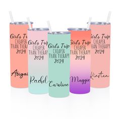 three different colored tumblers with names on them