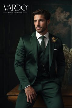 Green Three-piece Suit With Notch Lapel For Party, Green Notch Lapel Three-piece Suit For Party, Semi-formal Custom Fit Green Suits, Semi-formal Green Custom Fit Suits, Green Custom Fit Suit For Semi-formal Occasions, Luxury Green Formal Suits, Elegant Green Three-piece Suit For Party, Elegant Green Three-piece Party Suit, Classic Fitted Suit For Festive Occasions