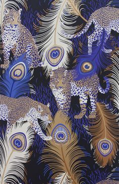 Leopardo Wallpaper in Black and Electric Blue by Matthew Williamson for Osborne & Little Wallpaper Australia, L Wallpaper, Downstairs Loo, Drops Patterns, Wallpaper Decor, Peacock Feathers, Matthew Williamson, Leopards, Designers Guild