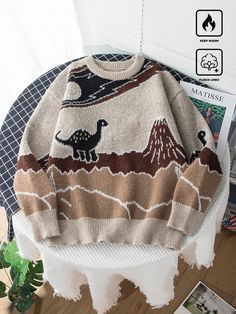 Men's Casual Dropped Shoulder Dinosaur Pattern Sweater, Fall/Winter Khaki Casual  Long Sleeve Fabric Animal,Cartoon,Colorblock,Geometric Pullovers Slight Stretch  Men Clothing, size features are:Bust: ,Length: ,Sleeve Length: Cool Sweaters For Men, Types Of Sweaters, Dino Sweater, Turtle Sweaters, Guys Fits, Sweaters Knitted, Sweaters Men, Mens Sweaters, Dinosaur Pattern