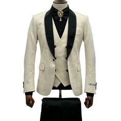 This Ivory Tuxedo - Cream Wedding Suit Is Perfect For Groom And Groomsmen 3 Piece Slim Fit Suit Ivory Sequins With Lace Overlay Black Satin Shawl Lapel With Jewel & Bead Trim 1 Button, Double Breast Vest Center Vent And Black Satin Pants. Cream Wedding Suit, White Groom Suit, Black Satin Pants, Ivory Tuxedo, Satin Shawl, Cream Wedding, Satin Pants, Wedding Suit, Slim Fit Suit