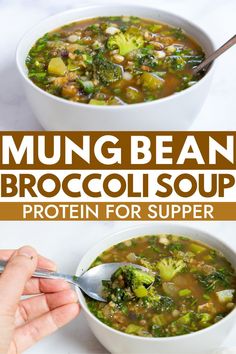 two bowls of mung bean broccoli soup with spoons