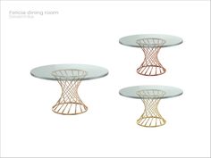 three round tables with metal bases and glass tops, all in different shapes and sizes