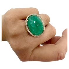 Fine Jewelry Green Emerald Cabochon Ring, Luxury Emerald Cabochon Ring With Diamonds, Unique Luxury Emerald Cabochon Ring, Luxury Cabochon Emerald Ring, Unique Cabochon Emerald Ring, Collectible, Emerald Diamond Ring, Greenish Blue, Vs Diamond, Domed Ring