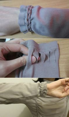 two pictures showing how to sew an arm