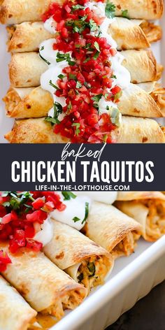 chicken taquitass with pomegranate and sour cream sauce on top