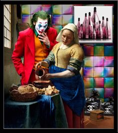 a man and woman dressed as the joker and person pouring some liquid into a jug