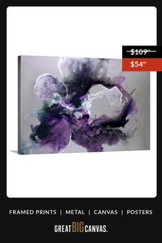 an abstract painting with purple and black paint on it, in the middle of a white background