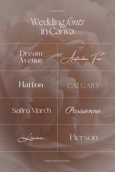 wedding fonts in canva, dream avenue, american f, salma march, susan