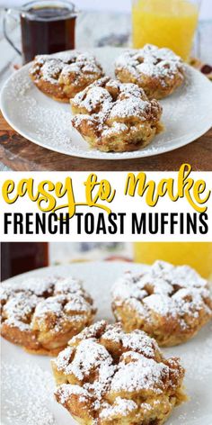 easy to make french toast muffins on a white plate with orange juice in the background