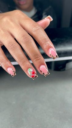 Pink Cheetah Print French Tip Nails, Nails Acrylic Lepord Print, Cheetah Nails Cherry, Short Cheetah Print French Tip Nails, 50s Inspired Nails, Cheetah Print Cherry Nails, Spotted Nail Designs, Cheetah Nails With Cherries, Short Leapord Nails