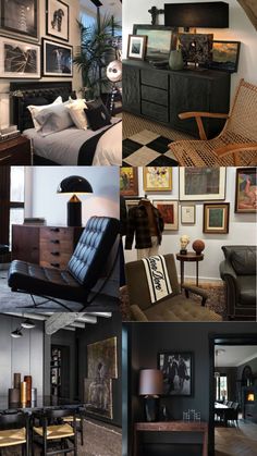 a collage of photos with furniture and pictures on the wall