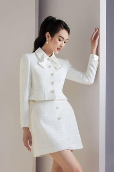 Dorothy Cropped Collared Neck Tweed Jacket - MEAN BLVD Kawr Design, Corporate Woman, Sunday Top, Corporate Women, Ladylike Style, Mean Blvd, Tweed Mini Skirt, Tweed Fabric, Collar Designs