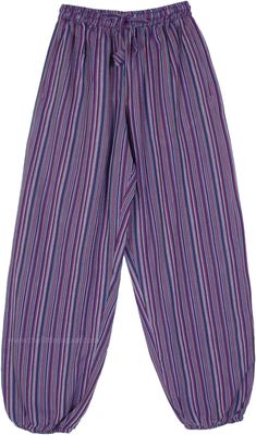 Light and fun elastic cuffed ankle breezy harem pants, relaxed fit through thighs, with striped handloomed cotton fabric in purple. It features an elastic waist with a flexible drawstring and two deep side pockets on either side and one pocket at the back. #tlb #SplitSkirtsPants #Pocket #Yoga #vacationclothing #beachwrap #Striped #bohemianfashion #cottonharempants #harempantswithpockets #elasticwaistharempants #bohopants #summercottonpants Purple Cotton Pants With Elastic Waistband, Casual Striped Cotton Harem Pants, Purple Cotton Bottoms For Beach, Purple Cotton Beach Bottoms, Purple Relaxed Fit Cotton Pants, Casual Purple Harem Pants For Summer, Purple Cotton Harem Pants With Elastic Waistband, Summer Purple Cotton Harem Pants, Casual Purple Wide Leg Harem Pants