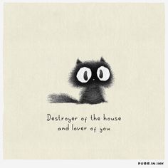 a black and white drawing of a cat with the words destroyer of the house and lover of you