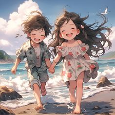 two children running on the beach holding hands