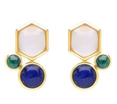 A collection of colorful cabochons bring dynamic detail to these crowd-wowing earrings designed for contemporary appeal. From Tiffany Kay. Modern Multi-stone Yellow Gold Earrings, Modern Yellow Gold Multi-stone Earrings, Modern Natural Stone Earrings For Formal Occasions, Hexagon Earrings, Designer Earrings, Jewelry Earrings, Gemstones, Gold, Color