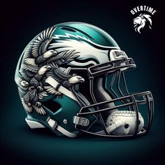 the philadelphia eagles football helmet is shown with an eagle on it's face and has feathers