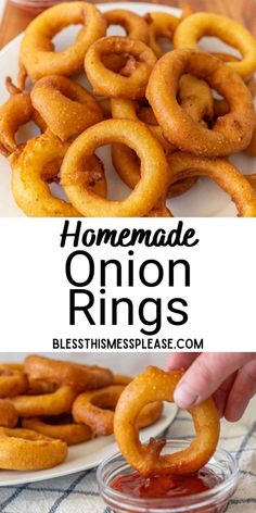 homemade onion rings on a plate with ketchup