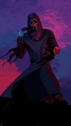 a man in a hoodie holding a knife on top of a hill under a purple sky