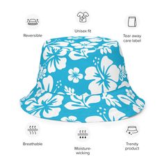 This super sweet Hawaiian Flowers unisex reversible bucket hat can be worn on both sides, making it easy to match with different outfits. Made of breathable premium fabric, this hat will become your go-to streetwear, beach wear, festival wear, or just where ever wear accessory! • 100% polyester • Fabric weight: 8.1 oz/yd² (275 g/m²) • Moisture-wicking and breathable fabric • Linen feel material • Reversible • Available in 2 sizes • Crafted in USA. Blank product components sourced from our friend White Adjustable Fit Bucket Hat For Vacation, Adjustable White Bucket Hat For Vacation, Adjustable Fit White Bucket Hat For Vacation, White Adjustable Fit Summer Bucket Hat, Casual White Reversible Bucket Hat, White Reversible Sun Hat For Beach, White Reversible Sun Hat For The Beach, Lightweight Blue Bucket Hat, Reversible White Sun Hat For The Beach