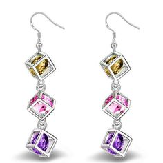 2.5" Drop Three Cube Drop Earrings Chandelier Dangle Fashion Colorful Super Cute Gift Ready Boho Style Bohemian Hippie Gypsy Rainbow Pride The Middle Cube Is A More Reddish Pink. It Depends On The Lighting Great For Teens And Women Of All Ages. They're Really Pretty And Sparkly Festival Jewelry 925 Earrings, Types Of Earrings, Christmas Gifts For Girlfriend, Earring Gift, Party Earrings, Ear Stud, Sterling Silver Dangle Earrings, 925 Silver Earrings, Square Earrings