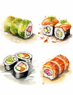 four sushi rolls with different toppings are shown in this drawing, and one has been