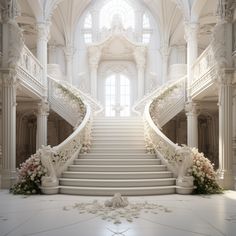 an ornate staircase with flowers on the floor