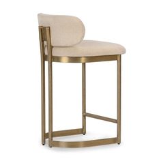 a gold metal stool with a white upholstered seat and back rest on a white background