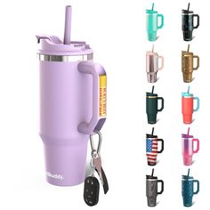 the blender is made up of many different colored cups and mugs with handles