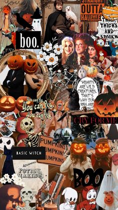 a collage of halloween images with pumpkins, ghost faces and other things in them