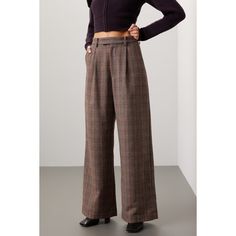 Brown plaid twill (80% Polyester, 20% Wool). Pants. Front zipper fly with button closure. 31" inseam. 15.5" rise. 25" leg opening. Imported. Fall Bottoms With Welt Pockets, Classic Plaid Pants For Business Casual, Wide Leg Pants With Button Closure For Fall, Classic Plaid Business Casual Pants, Wide-leg Pants With Welt Pockets For Fall, Classic Wide Leg Plaid Pants, Tailored Plaid Casual Bottoms, Fall Wide-leg Pants With Welt Pockets, Classic Plaid Pants For Workwear