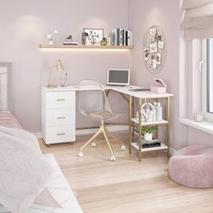 a bedroom with pink walls and white furniture