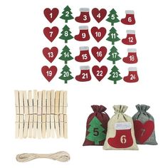 the numbers are placed next to bags with christmas stockings on them, and two drawsacks