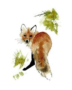 a watercolor painting of a fox on a white background with green leaves and branches